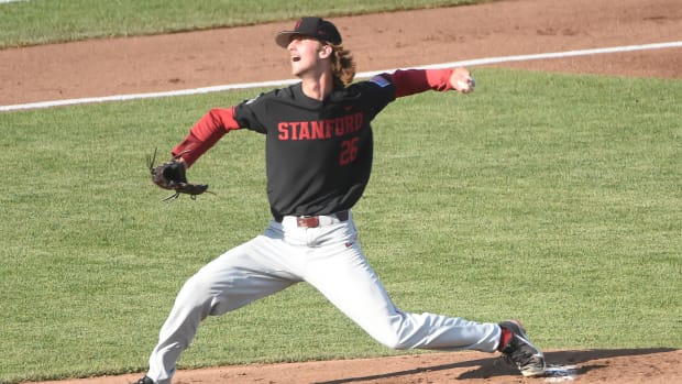 Jun 23, 2021; Omaha, Nebraska, USA; Stanford Cardinal pitcher Quinn Mathews (26) pitches in the first inning against the Vanderbilt Commodores at TD Ameritrade Park. Mandatory Credit: Steven Branscombe-USA TODAY Sports